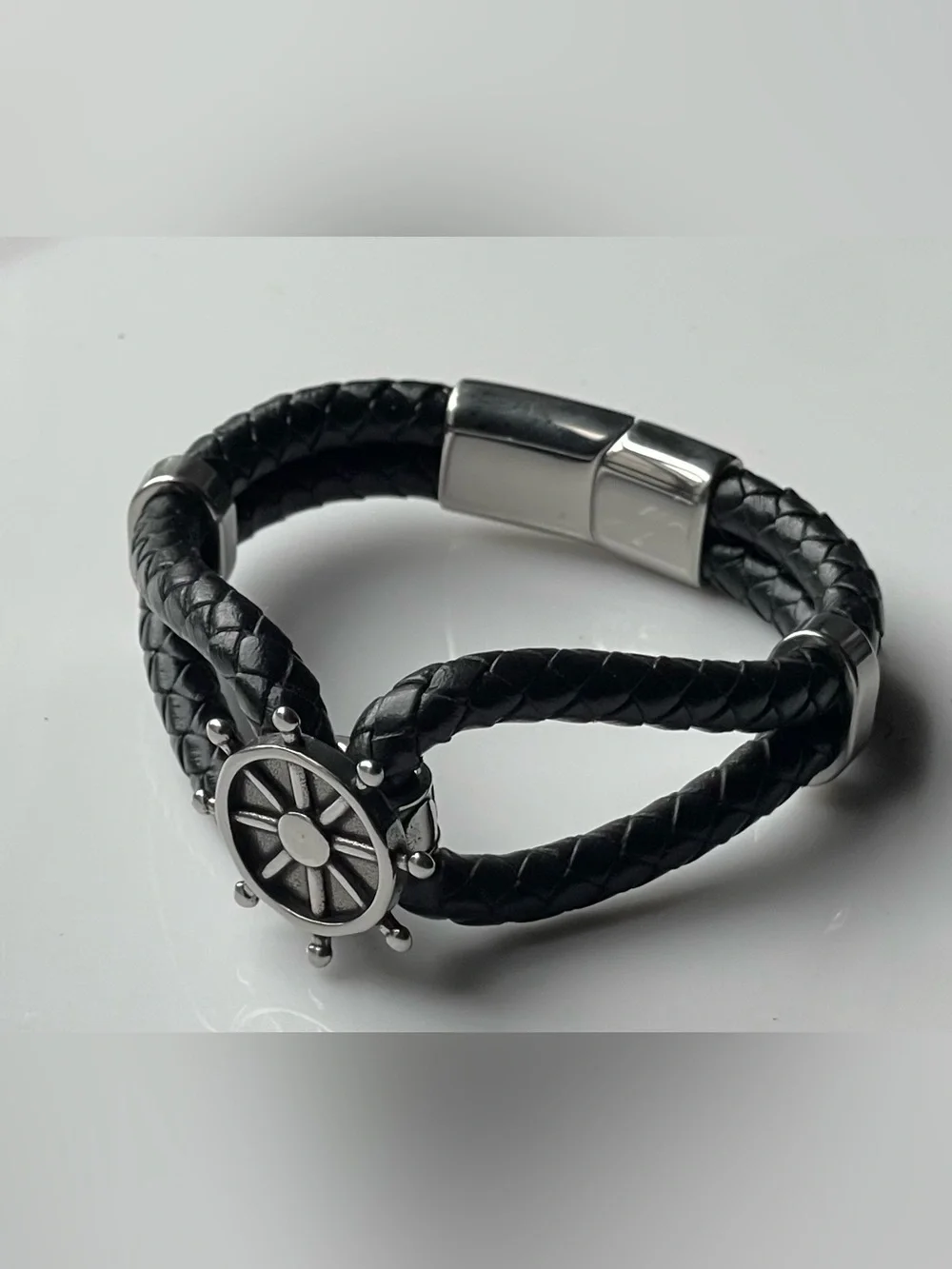 Men's Black Braided Leather Bracelet with Silver Ship Wheel Accent